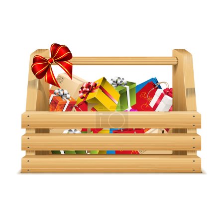 Ilustración de Gifts and shopping in Wooden Basket isolated on white background. Close up. - Imagen libre de derechos