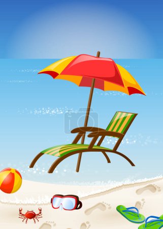 Illustration for Summer Background with Sea, Island, Beach, Umbrella, Deck chairs. Travel and vacation concept - Royalty Free Image