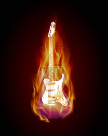 Realistic 3D Vector guitar in flames on dark background.
