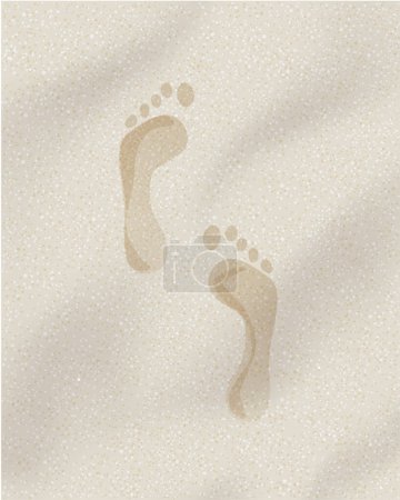 Illustration for Human barefoot footprint path on yellow sand background. Foot prints diagonal sandy beach or desert trail. Vector illustration, clip art. - Royalty Free Image