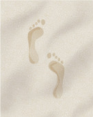 Human barefoot footprint path on yellow sand background. Foot prints diagonal sandy beach or desert trail. Vector illustration, clip art. puzzle #632612100