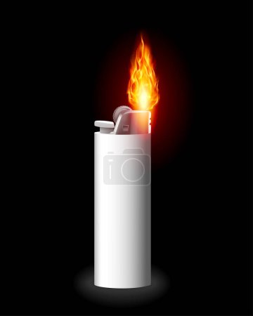 Téléchargez les illustrations : Allume-cigare vecteur plus léger avec feu ou flamme pour brûler la cigarette. Illustration de matériel de fumage inflammable isolé sur fond noir
. - en licence libre de droit