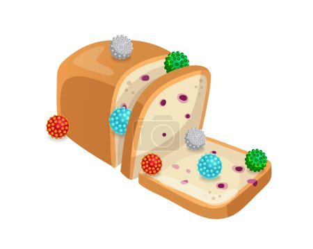 Illustration for Bread contaminate with virus, bacteria, and germs on white background. Vector illustration showing food safety concept. - Royalty Free Image