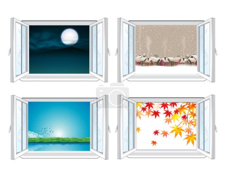 Ilustración de Set de cuatro ventanas con clima estacional. - Imagen libre de derechos