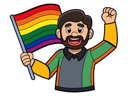El hombre LGBTQ celebra con la bandera Pride Rainbow. Mes del orgullo.