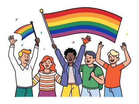 Las personas LGBTQ celebran con la bandera Pride Rainbow. Mes del orgullo.