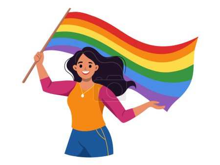 Mujer LGBTQ celebra con la bandera del Orgullo Arco Iris. Mes del orgullo.