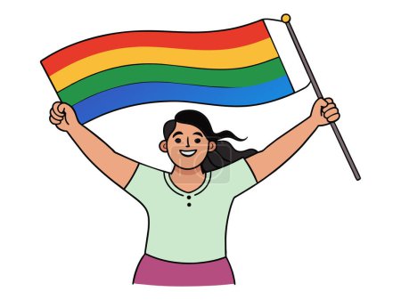 Mujer LGBTQ celebra con la bandera del Orgullo Arco Iris. Mes del orgullo.