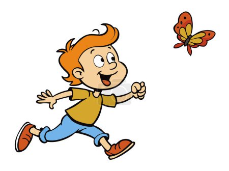 Illustration fantaisiste de la curiosité représentée par un enfant chassant un papillon. IA générative.