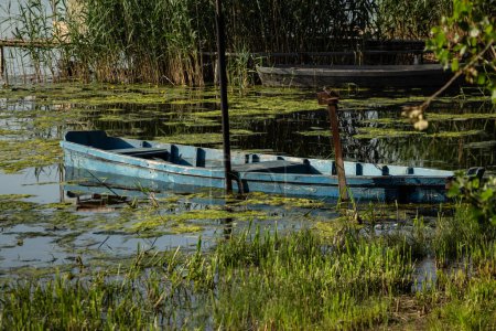 boat moored near the river bank, wooden fishing boat in the village. High quality photo