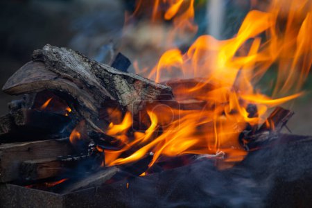 a fire in the grill in a private yard, a flame of fire, fire flame, beautiful game of fire and smoke. High quality photo