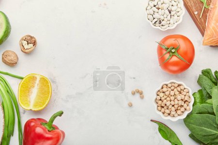 Photo for Low carb, fodmap diet background - chicken meat, vegetables and fruits, nuts, greens, beans, chickpeas. Copy space. - Royalty Free Image
