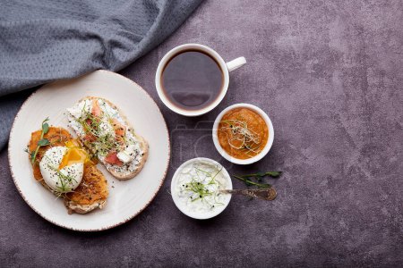 Photo for Healthy food - Low-Carb Cuisine sandwiches with zucchini spread and yogurt, egg, salmon, coffee cup. Low in calories, FODMAP, KETO diet, superfood. Copy space. - Royalty Free Image