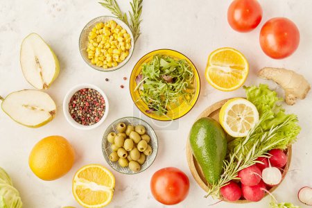 Food for plant based, FODMAP, Mediterranean, KETO diet. Fruits, vegetables, greens, citrus, olives. Detox, healthy lifestyle concept.