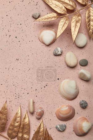 Warm summer vibes on a pink beach backdrop with copy space for text.
