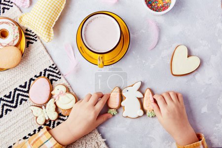 Delightful cocoa and cookies. Easter vibes for kids. Happy Easter background