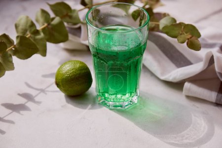 Fresh lime healthy tarragon detox sparkling, vitaminized drink. Green non alcoholic Mocktail for St. Patricks Day