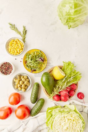 Vegan food menu for low carb, FODMAP, Mediterranean diet. Vegetables, fruits, greens, olives. Detox, healthy lifestyle concept.