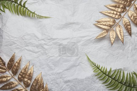 Summer background with ferns and golden leaves and copy space.