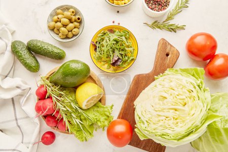 Healthy lifestyle. Vegan menu for low carb, FODMAP, Keto diet food. Vegetables, fruits, avocado, greens, olives. Detox concept.