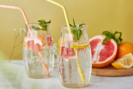 Vitaminized summer detox water. Refreshing summer cocktails with citrus fruits. Low alcohol, zero proof Vitaminized healthy detox water. Refreshing summer cocktails with citrus fruits. Low alcohol, zero proof beverages.