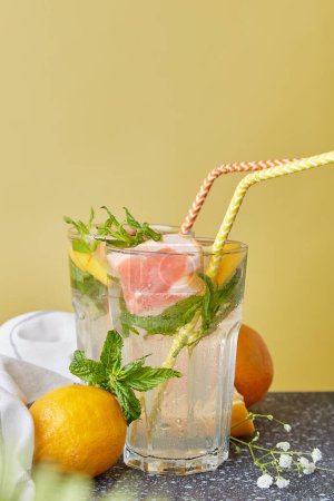 Summr refreshing vitaminized summer detox water, cocktails with citrus and strawberry. Low alcohol, zero proof beverages concept. Copy space.