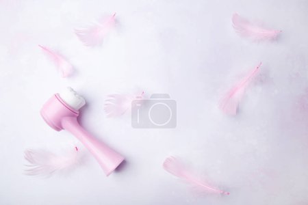Weiches rosafarbenes Gesichtsbürstenwerkzeug zwischen Federn. Schönheitsblogs und Bewertungskonzept.