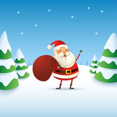 Illustration for Cute and happy Santa Claus with gift - winter landscape vector illustration - Royalty Free Image