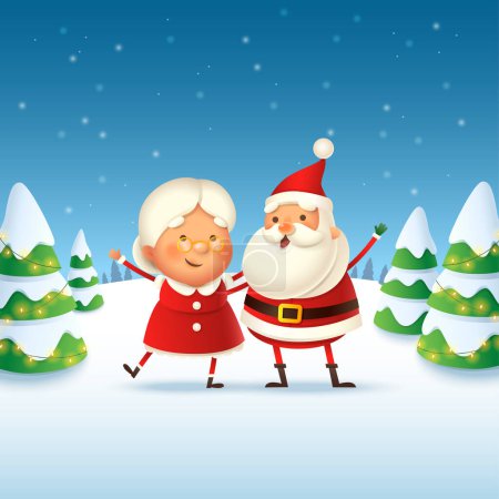 Mme Claus et le Père Noël célèbrent les vacances de Noël - illustration vectorielle mignonne et heureuse sur le paysage hivernal