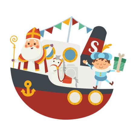 Happy Saint Nicholas or Sinterklaas and friends are coming to town at boat - vector illustration isolated on transparent background