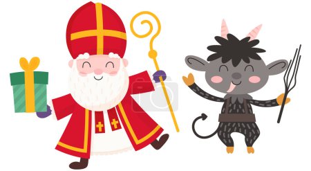 Illustration for Happy and cute Saint Nicholas - Sinterklaas and Krampus celebrate Saint Nicholas Day - vector illustration isolated on transparent background - Royalty Free Image