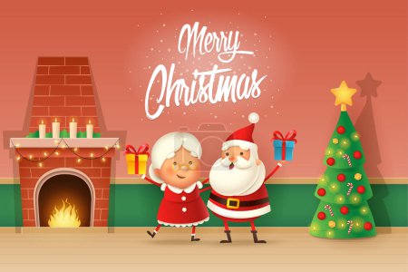 Ilustración de Tarjeta de Navidad - Santa Claus y la señora Claus celebran la Navidad - interior de la casa con chimenea y árbol - Imagen libre de derechos