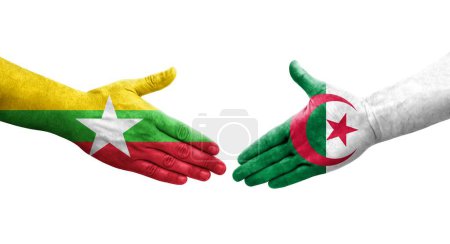 Foto de Apretón de manos entre Argelia y Myanmar banderas pintadas en las manos, imagen transparente aislada. - Imagen libre de derechos
