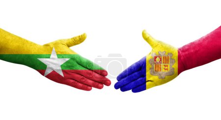 Foto de Apretón de manos entre Andorra y Myanmar banderas pintadas en las manos, imagen transparente aislada. - Imagen libre de derechos