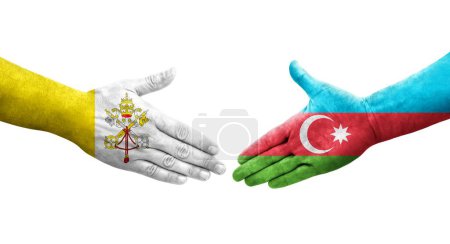 Handshake between Azerbaijan and Holy See flags painted on hands, isolated transparent image.