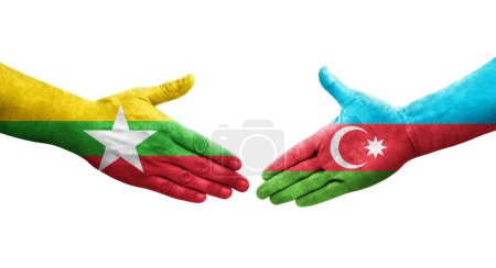 Foto de Apretón de manos entre Azerbaiyán y Myanmar banderas pintadas en las manos, imagen transparente aislada. - Imagen libre de derechos