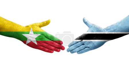 Foto de Apretón de manos entre Botswana y Myanmar banderas pintadas en las manos, imagen transparente aislada. - Imagen libre de derechos