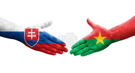 Handshake between Burkina Faso and Slovakia flags painted on hands, isolated transparent image.