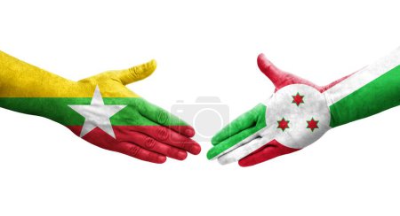 Foto de Apretón de manos entre Burundi y Myanmar banderas pintadas en las manos, imagen transparente aislada. - Imagen libre de derechos