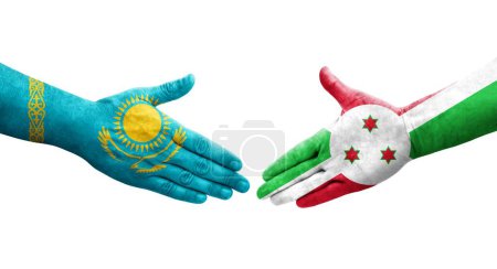 Händedruck zwischen Burundi und Kasachstan Flaggen aufgemalt, isoliertes transparentes Bild.