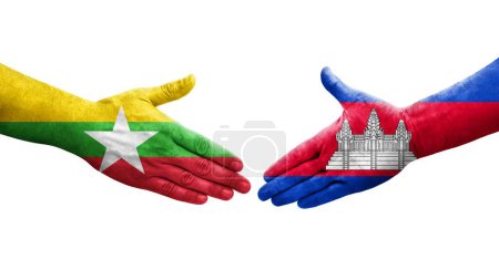 Foto de Apretón de manos entre Camboya y Myanmar banderas pintadas en las manos, imagen transparente aislada. - Imagen libre de derechos