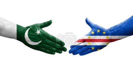 Handshake between Cape Verde and Pakistan flags painted on hands, isolated transparent image.