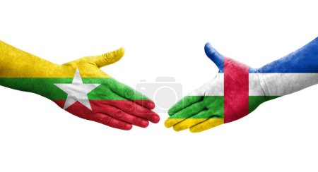 Foto de Apretón de manos entre la República Centroafricana y las banderas de Myanmar pintadas en las manos, imagen transparente aislada. - Imagen libre de derechos
