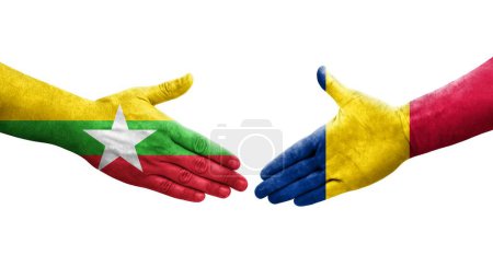 Foto de Apretón de manos entre Chad y Myanmar banderas pintadas en las manos, imagen transparente aislada. - Imagen libre de derechos