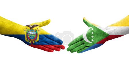 Photo for Handshake between Comoros and Ecuador flags painted on hands, isolated transparent image. - Royalty Free Image