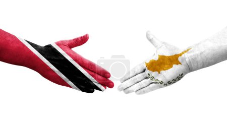 Téléchargez les photos : Poignée de main entre Chypre et Trinité Tobago drapeaux peints sur les mains, image transparente isolée. - en image libre de droit