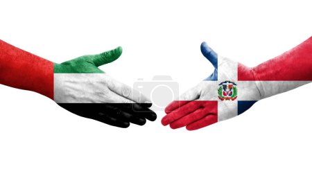 Handshake between Dominican Republic and UAE flags painted on hands, isolated transparent image.