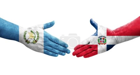 Handshake between Dominican Republic and Guatemala flags painted on hands, isolated transparent image.