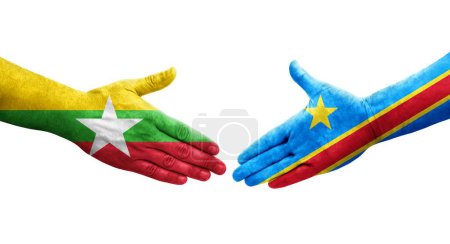 Foto de Apretón de manos entre el Dr Congo y Myanmar banderas pintadas en las manos, imagen transparente aislada. - Imagen libre de derechos
