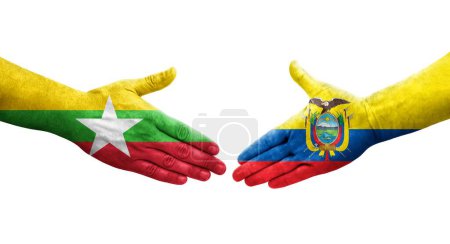 Foto de Apretón de manos entre Ecuador y Myanmar banderas pintadas en las manos, imagen transparente aislada. - Imagen libre de derechos